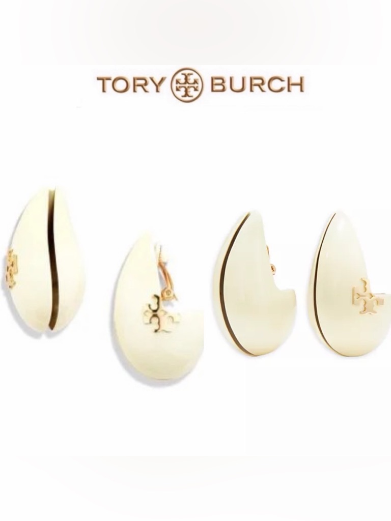 Tory Burch Logo Wave Clip On Earrings Cream Enamel Teardrop Gold Logo 298 200$